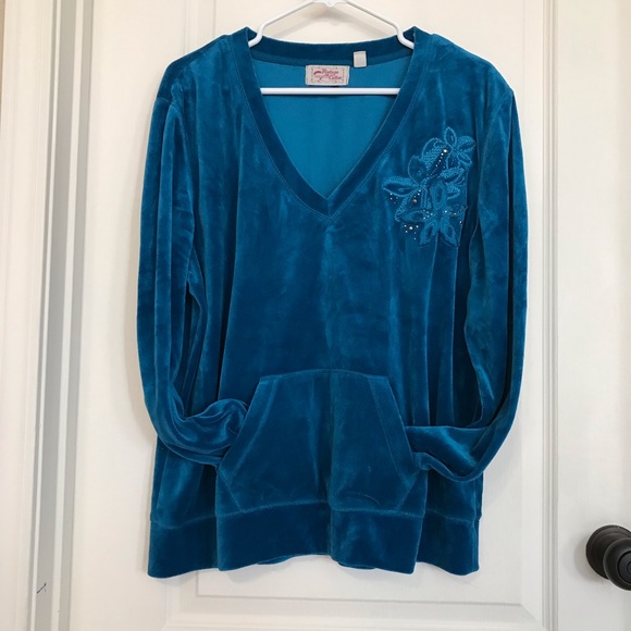 Soft Velour teal blue sweatshirt w/hood. 2 pockets, V-shape, XL - Picture 5 of 6